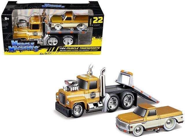 1980 Mack A685ST Flatbed Gold Met w/ Beige & 1972 Chevrolet C10 Truck Gold Met and Beige 1/64 Die Cast Models by Muscle Machines