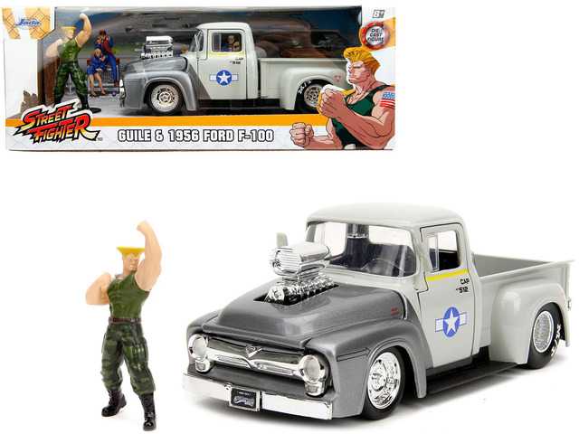 1956 Ford F-100 Pickup Truck Tan & Gray Met. and Guile Diecast Figure 'Street Fighter' Video Game 1/24 Diecast Model Car by Jada