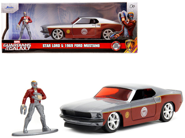 1969 Ford Mustang Silver Met. and Dark Red and Star Lord Figure 'Marvel Guardians of the Galaxy' 1/32 Diecast Model Car by Jada