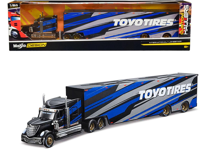 International LoneStar Enclosed Car Transporter 'Toyo Tires' Black with Blue and Gray Stripes 1/64 Diecast Model by Maisto