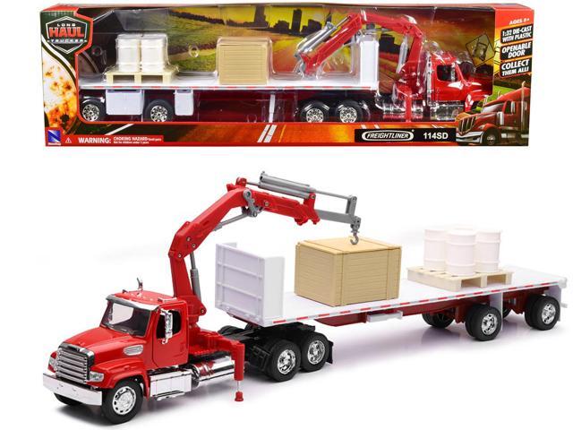 Freightliner 114SD Flatbed Truck with Crane Red w/ Accessories 'Long Haul Trucker' Series 1/32 Diecast Model by New Ray