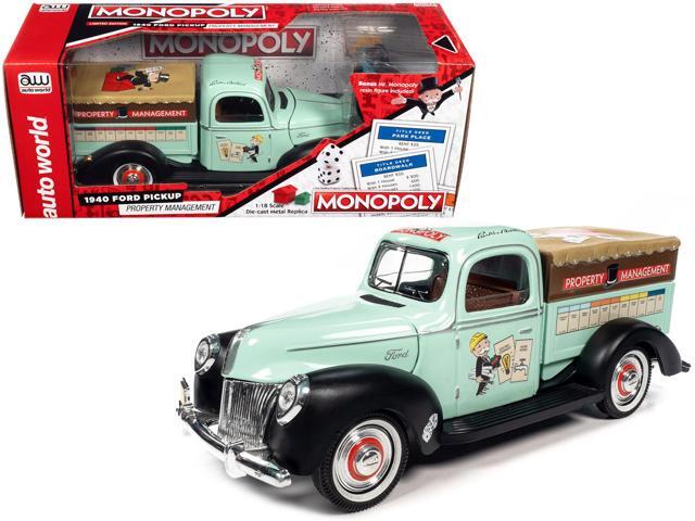Auto World Monopoly 1940 Ford Property Management Truck Light Green with Monopoly Graphics and Mr. Monopoly Resin Figure 1/18 Scale Diecast