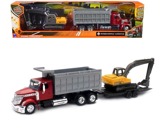 International Lonestar Dump Truck Red and Tracked Excavator Yellow w/Flatbed Trailer 1/43 Diecast Model by New Ray