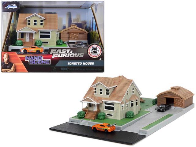 Toretto House Diorama with Dodge Charger Black and Toyota Supra Orange w/Graphics 'Fast and Furious' 'Nano Scene' Models by Jada