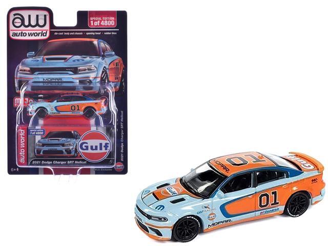 2021 Dodge Charger SRT Hellcat #01 'Gulf Oil-MOPAR' Light Blue and Orange Limited Edition 1/64 Diecast Model Car by Auto World