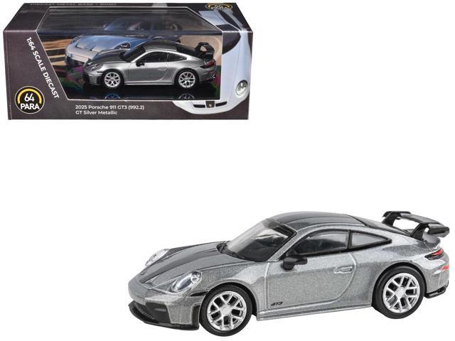 2025 Porsche 911 GT3 (992.2) GT Silver Metallic with Carbon Stripe 1/64 Diecast Model Car by Paragon