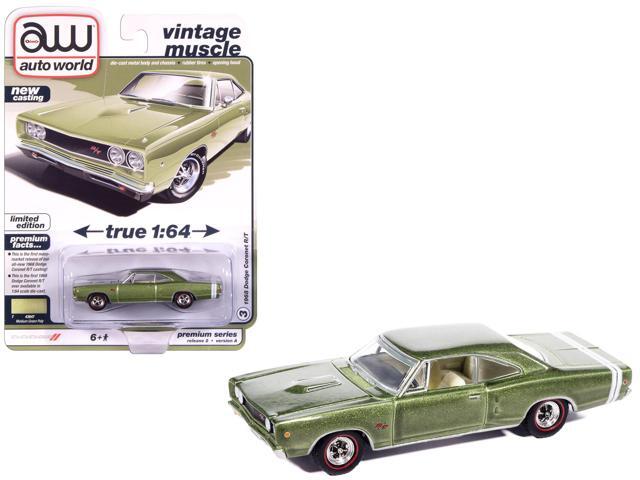 1968 Dodge Coronet R/T Medium Green Metallic with White Interior 'Vintage Muscle' 1/64 Diecast Model Cars by Auto World
