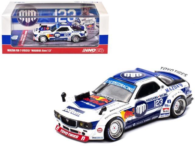 Mazda RX-7 (FD3S) RHD #123 'Pandem Rocket Bunny MADBUL Gen 7.3' White & Blue w/Graphics 1/64 Diecast Model Car by Inno Models