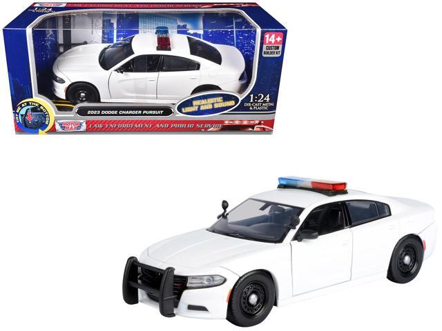 2023 Dodge Charger Pursuit Police Car Unmarked White w/Light Bar Front & Rear Lights & Sounds 1/24 Die Cast Model Car by Motormax