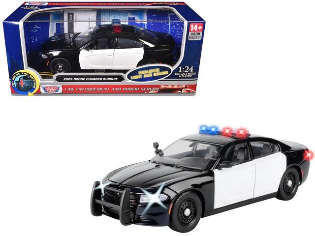2023 Dodge Charger Pursuit Police Car Black & White w/Light Bar, Front & Rear Lights & Sounds 1/24 Die Cast Model Car by Motormax