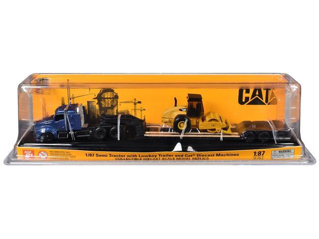 Kenworth T880 Tractor Blue Metallic with Trailer and CAT Padfoot Roller Yellow 1/87 (HO) Scale Diecast Model by Diecast Masters