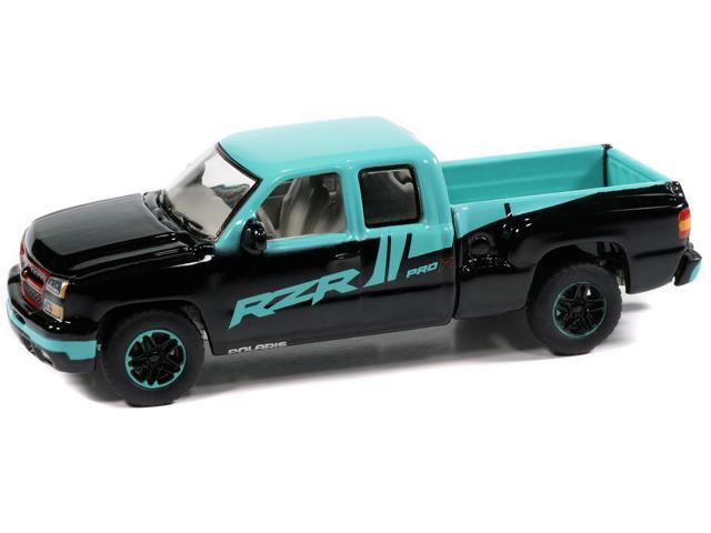 2006 Chevrolet Silverado Pickup Truck 'Polaris RZR' Black and Blue 1/64 Diecast Model Car by Auto World