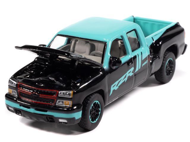 2006 Chevrolet Silverado Pickup Truck 'Polaris RZR' Black and Blue 1/64 Diecast Model Car by Auto World