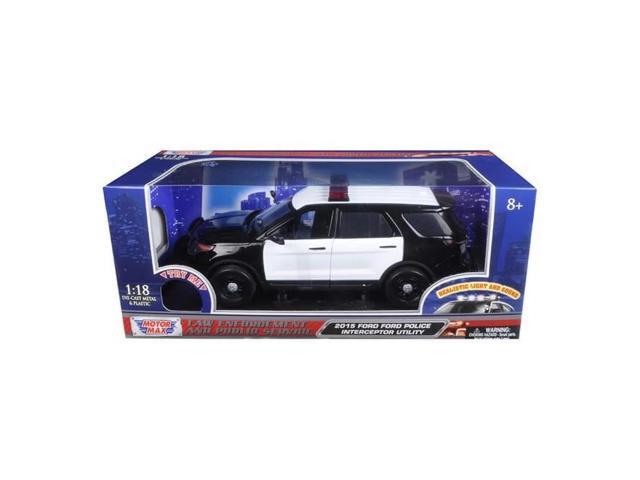 2015 Ford Police Interceptor Utility Black & White Flashing Light Bar, Front & Rear Lights & 2 Sounds 1/18 Diecast Car Motormax