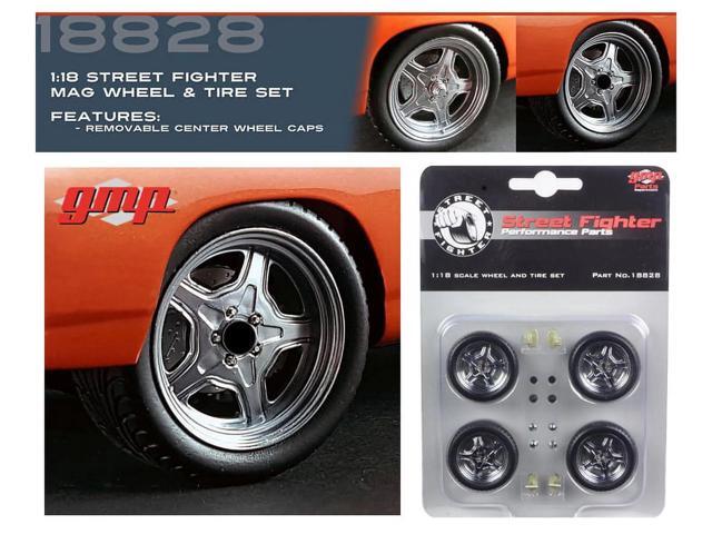 Street Fighter Mag Wheel and Tire Set of 4 pieces from '1970 Plymouth RoadRunner 'The Hammer' 'Fast & Furious' Movie 1/18 by GMP
