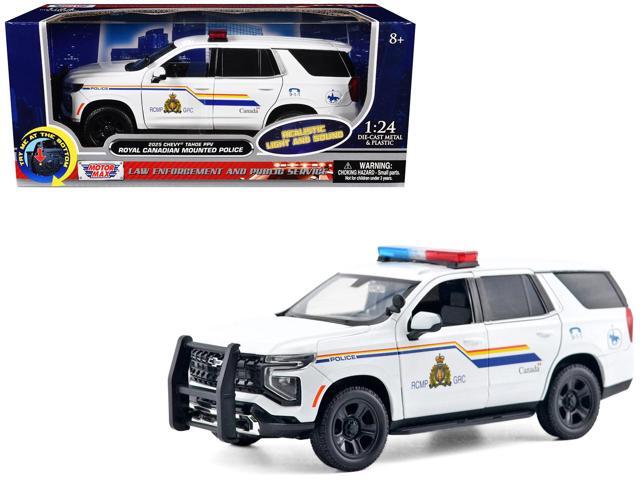2025 Chevrolet Tahoe PPV 'RCMP' White with Stripes with Light Bar and Lights and Sounds 1/24 Diecast Model Car by Motormax