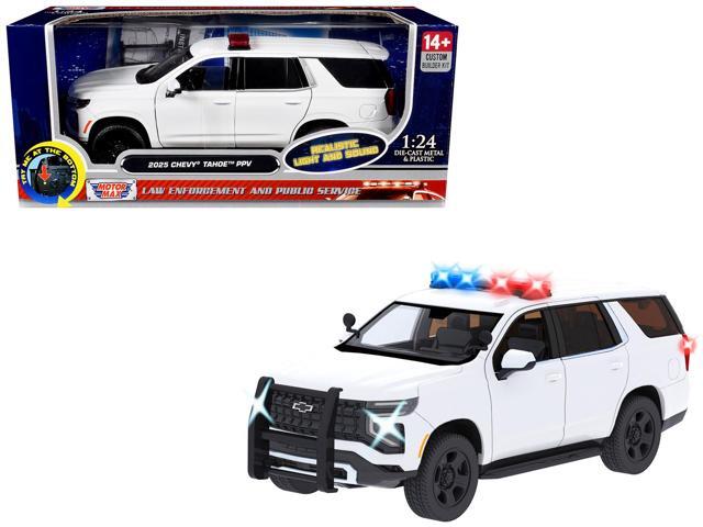 2025 Chevrolet Tahoe PPV White 'Builder's Kit' with Light Bar and Lights and Sounds 1/24 Diecast Model Car by Motormax