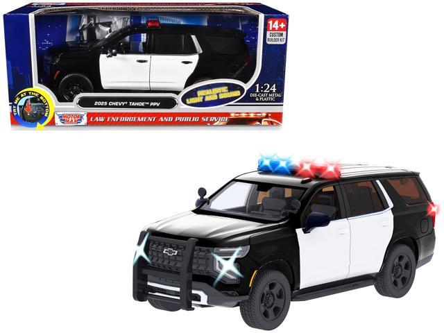 2025 Chevrolet Tahoe PPV Black and White 'Builder's Kit' with Light Bar and Lights and Sounds 1/24 Diecast Model Car by Motormax