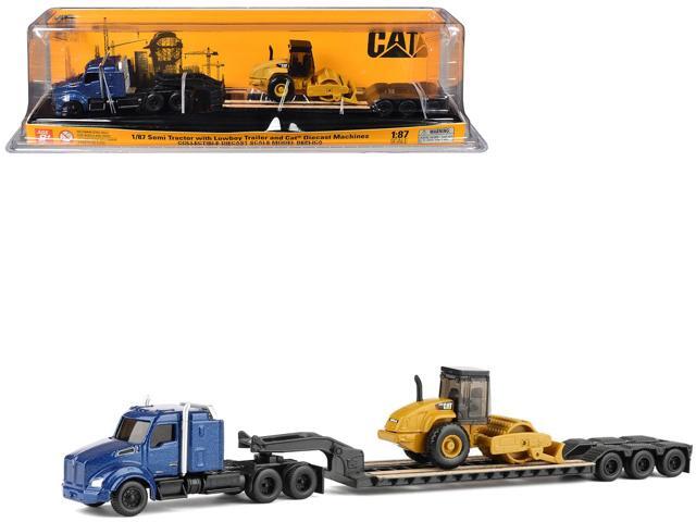 Kenworth T880 Tractor Blue Metallic with Trailer and CAT Padfoot Roller Yellow 1/87 (HO) Scale Diecast Model by Diecast Masters