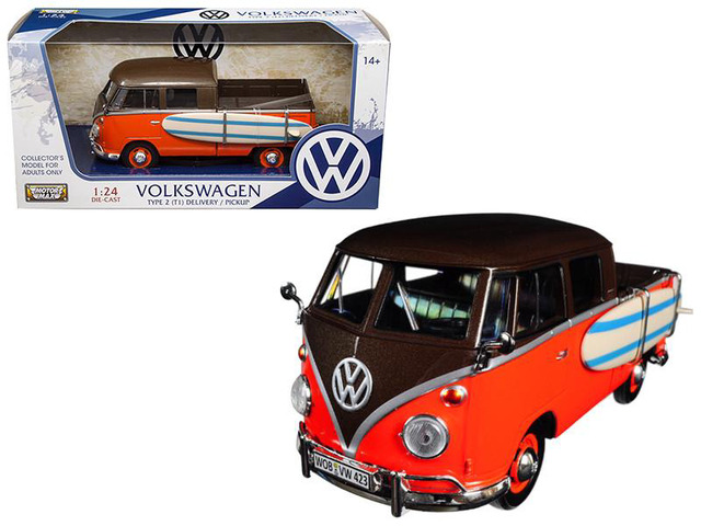 Volkswagen Type 2 (T1) Pickup with Surfboard Brown & Orange 1/24 Diecast Model Car by Motormax