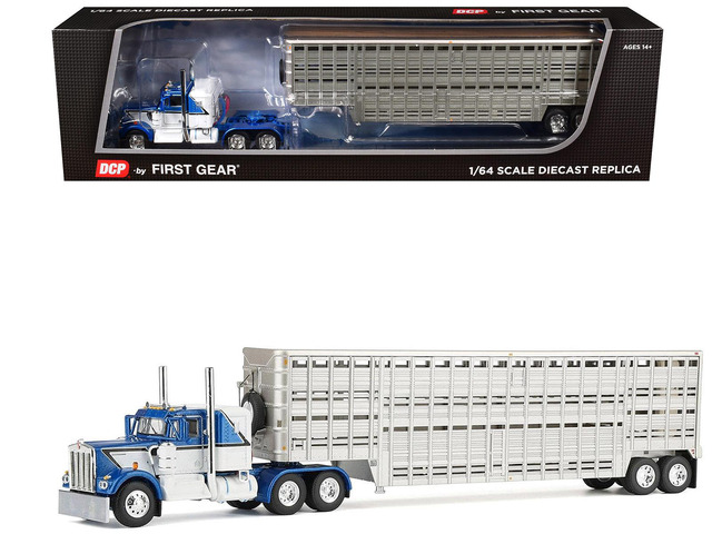 Kenworth W900A with 36' Sleeper and 45' Wilson Livestock Trailer Blue & White with Trailer 1/64 Diecast Model by DCP/First Gear