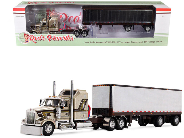 Kenworth W900L with 60' Aerodyne Sleeper and 40' Vintage Trailer Beige with Stripes 1/64 Diecast Model by DCP/First Gear