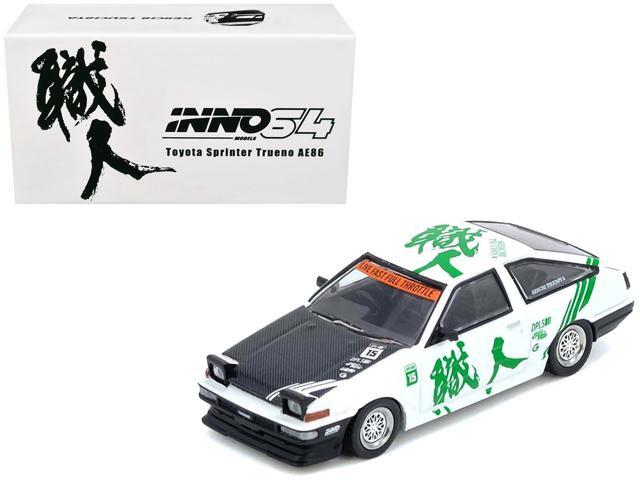 Toyota Sprinter Trueno (AE86) RHD #15 'Keiichi Tsuchiya' White with Green Graphics 1/64 Diecast Model Car by Inno Models