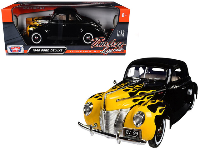 1940 Ford Deluxe Black with Yellow Flames 'Timeless Classics' 1/18 Diecast Model Car by Motormax