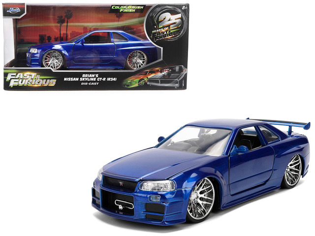 Brian's Nissan Skyline GT-R (R34) RHD Blue Color Brush Finish '2 Fast 2 Furious' (2003) 1/24 Diecast Model Car by Jada