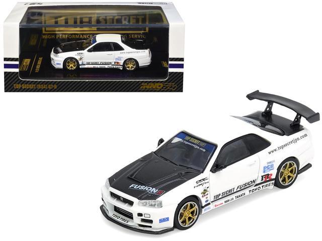 Nissan Skyline GT-R (R34) 'Top Secret' RHD (Right Hand Drive) White with Carbon Hood 1/64 Diecast Model Car by Inno Models
