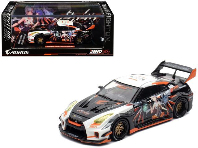 Nissan GT-R (R35) Widebody RHD Black and White with Graphics 'AORUS X INNO64 Limited Ed' 1/64 Diecast Model Car by Inno Models