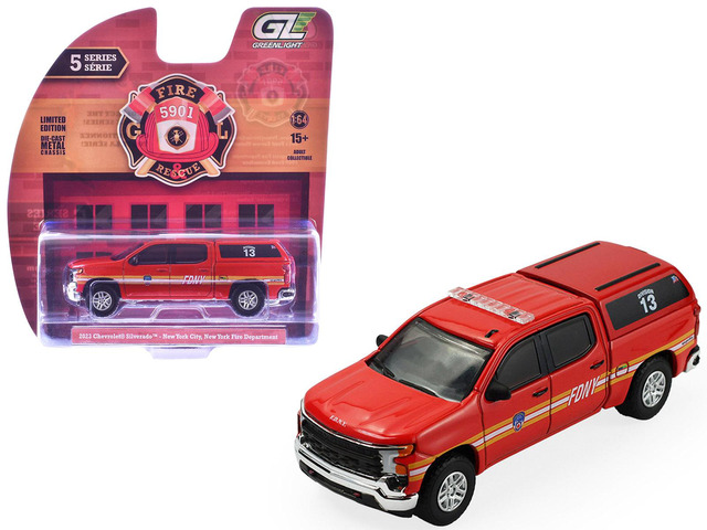 2023 Chevrolet Silverado Truck with Camper Shell 'FDNY (NYFD)' Red with Stripes 1/64 Diecast Model Car by Greenlight