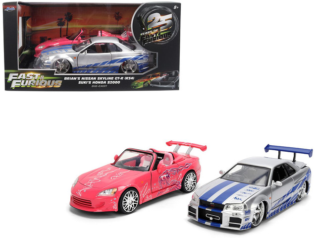 Brian's Nissan Skyline GT-R (R34) Silver Metallic w/Blue & Suki's Honda S2000 Pink with Graphics 1/24 Diecast Model Cars by Jada