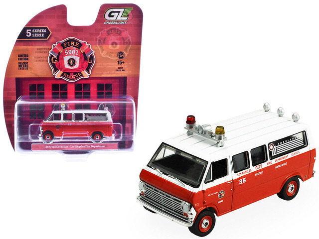 1969 Ford Econoline Ambulance 'LAPD' Red and White 'Fire & Rescue' Series #5 1/64 Diecast Model Car by Greenlight
