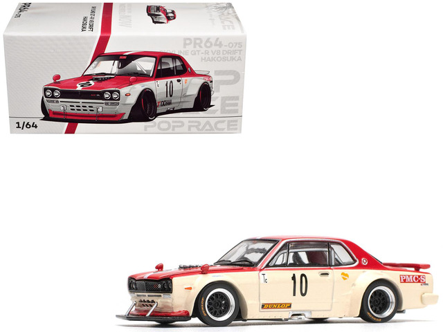 Skyline GT-R V8 Drift 'Hakosuka' RHD (Right Hand Drive) #10 'Watanabe' Red and Cream 1/64 Die Cast Model Car by Pop Race