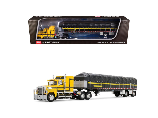 Ford LTL 9000 with 60' Aerodyne Sleeper & 53' Wilson Roadbrute Trailer w/Wagon Yellow w/Black 1/64 Diecast Model by First Gear
