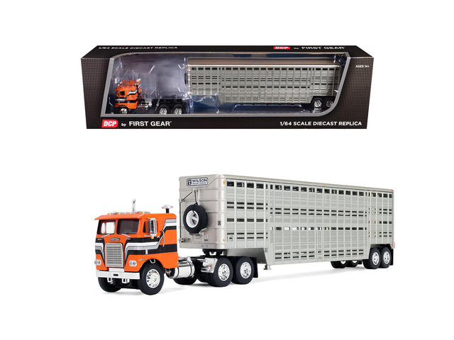 Freightliner COE and 45' Wilson Vintage Livestock Trailer Orange with Stripes 1/64 Diecast Model by First Gear