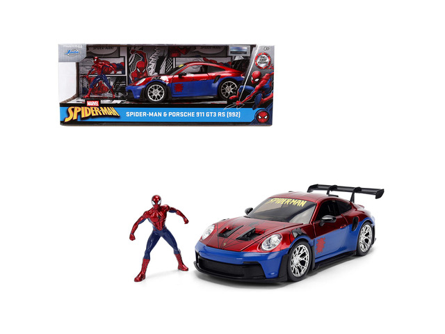 Porsche 911 GT3 RS (992) Red and Blue with Graphics and Figure 'Marvel Spider-Man' 1/24 Diecast Model Car by Jada