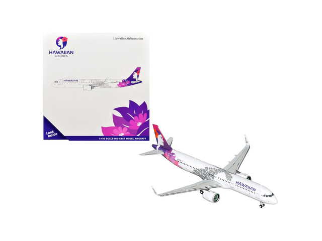 Airbus A321neo Commercial Aircraft 'Hawaiian Airlines' White with Purple Graphics 1/400 Diecast Model Airplane by GeminiJets