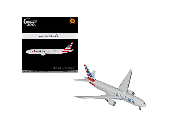 Boeing 777-200ER Commercial Aircraft with Flaps Down Silver with Striped Tail 1/200 Diecast Model Airplane by GeminiJets