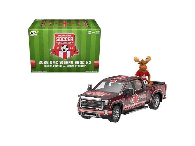 2022 GMC Sierra 3500 HD Truck Dark Red with Canadian Soccer Graphics with Moose Figure 1/64 Diecast Model Car by Greenlight