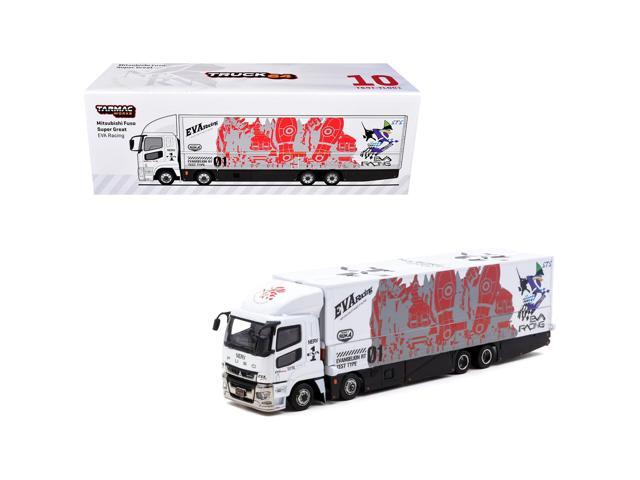 Mitsubishi Fuso Super Great Truck with Transporter 'EVA Racing' White with Graphics 1/64 Diecast Model Car by Tarmac Works