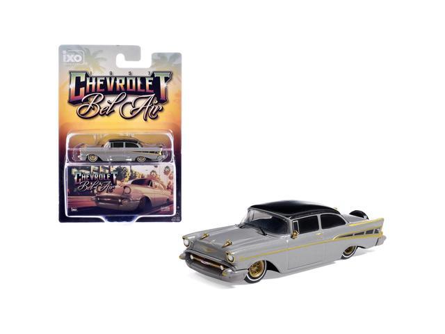 1957 Chevrolet Bel Air Lowrider Gray with Black Top and Gold Accents 1/64 Diecast Model Car by IXO Models