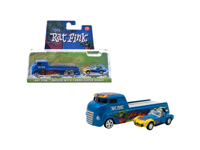 Shelby Cobra Super Snake Blue Metallic w/Flames & Custom Hauler Blue Metallic w/Flames & Graphics 1/64 Diecast Model Cars ACME