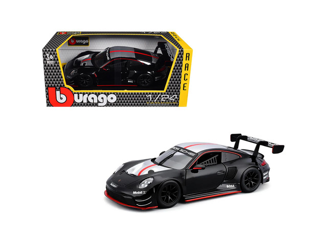 Porsche 911 GT3 R Black with Silver Hood and Top and Red Stripe 'Race' Series 1/24 Diecast Model Car by Bburago