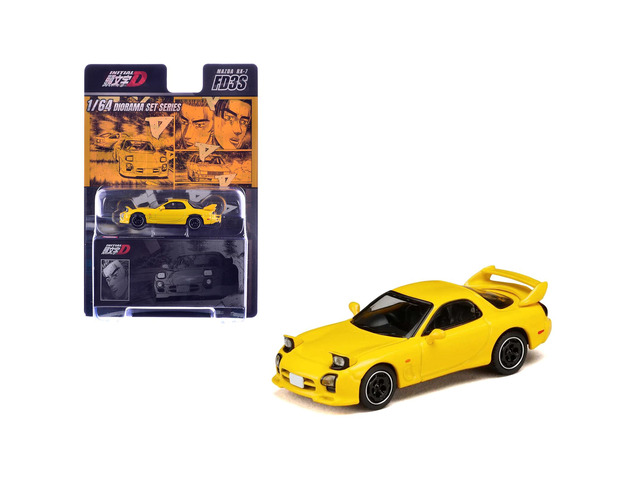 Mazda RX-7 (FD3S) RHD Yellow 'Initial D' (1995-2013) Manga 'Diorama Set Series' 1/64 Diecast Model Car by Hobby Japan