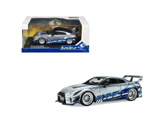 2020 Nissan GT-R (R35) Liberty Walk Silhouette Silver Metallic with Black Top and Blue Graphics 1/43 Diecast Model Car by Solido