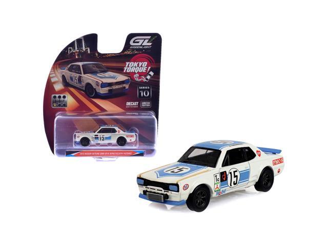 1972 Nissan Skyline 2000 GT-R (KPGC10) RHD #15 Kunimitsu Takahashi White with Blue Stripe 1/64 Diecast Model Car by Greenlight