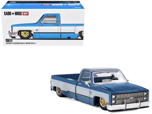 Chevrolet Silverado Dually Truck 'Vintage Spec V1' Light Blue Met w/White Sides and Interior 1/64 Diecast Model Car by Mini GT