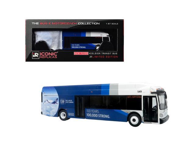 New Flyer Xcelsior XN40 Transit Bus Blue and White with Graphics 1/87 (HO) Scale Diecast Model by Iconic Replicas